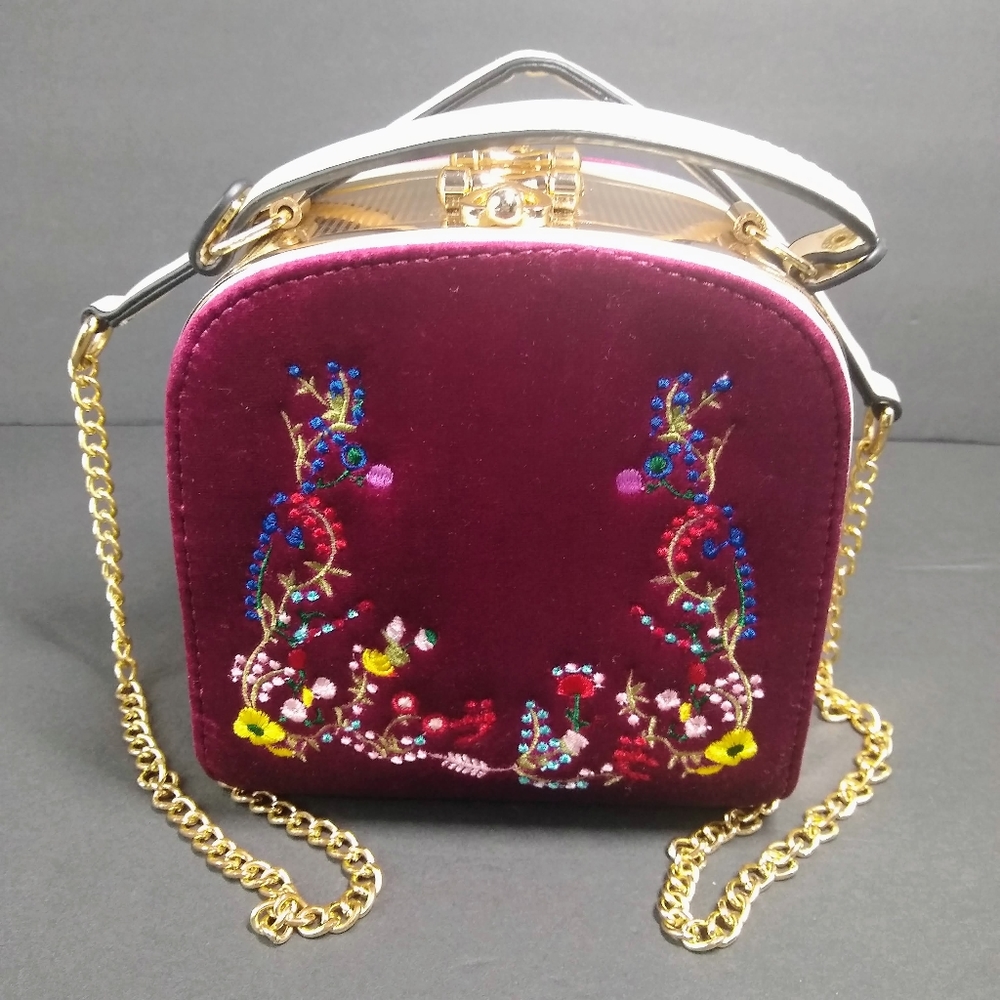 Small Metal Velvet Floral Kiss Clasp MultiPocket Club Evening Shoulder Clutch